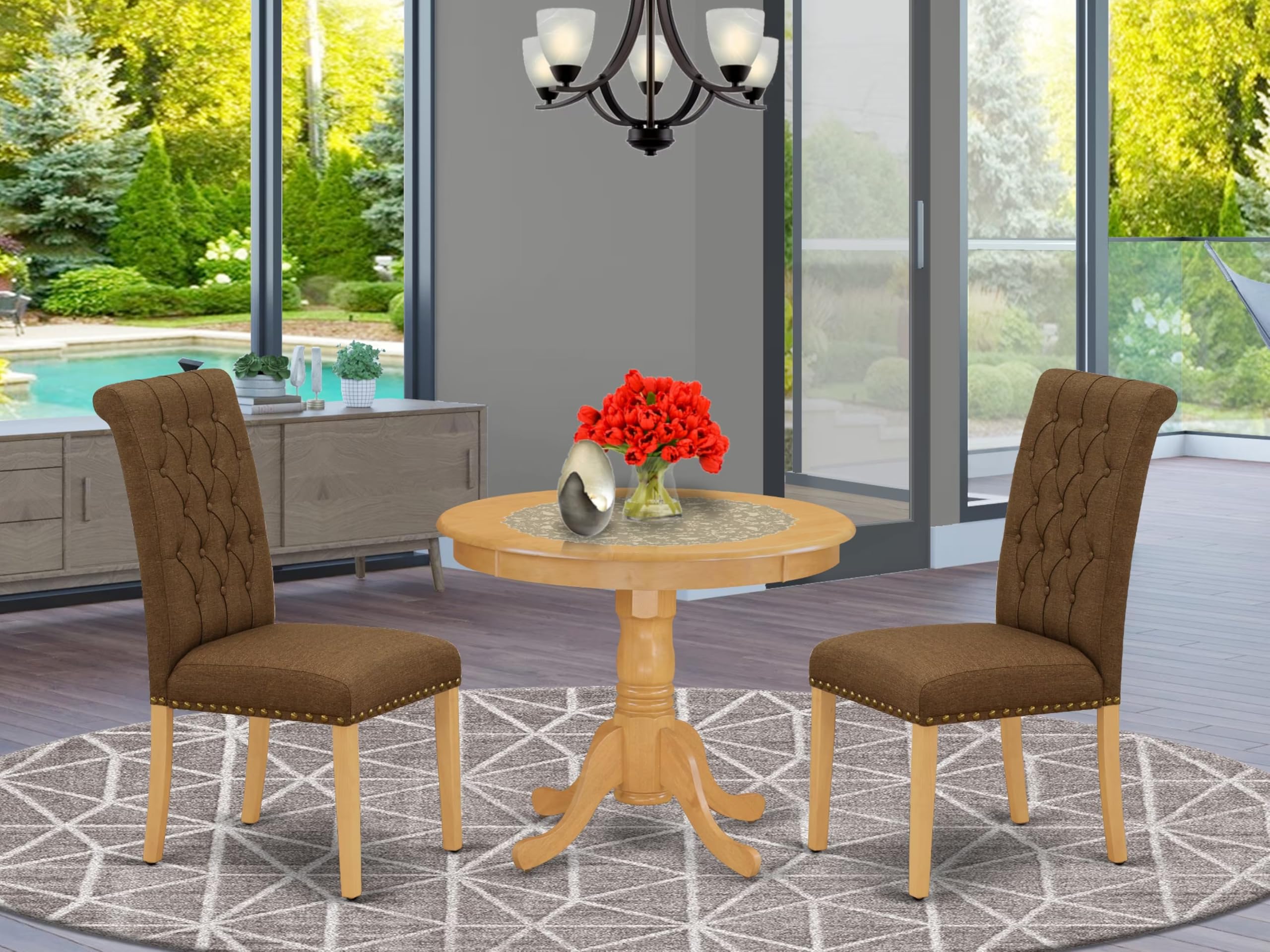 East West Furniture Anbr3-Oak-18 3 Piece Dining Room Table Set Contains A Round Kitchen Table With Pedestal And 2 Brown Linen Linen Fabric Parsons Dining Chairs, 36X36 Inch, Oak